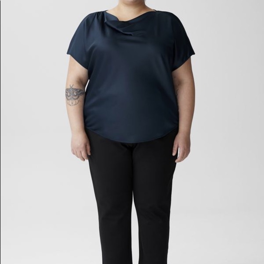 Satin Draped Neck Blouse - Navy
